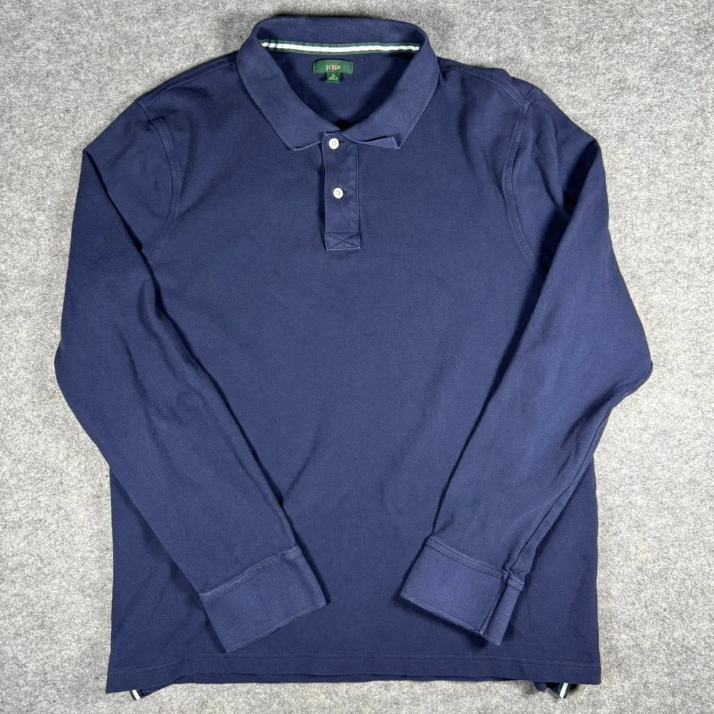 J Crew Oarmans‎ Mens Navy Blue Long Sleeve Polo Shirt XL Preppy Cotton Golf